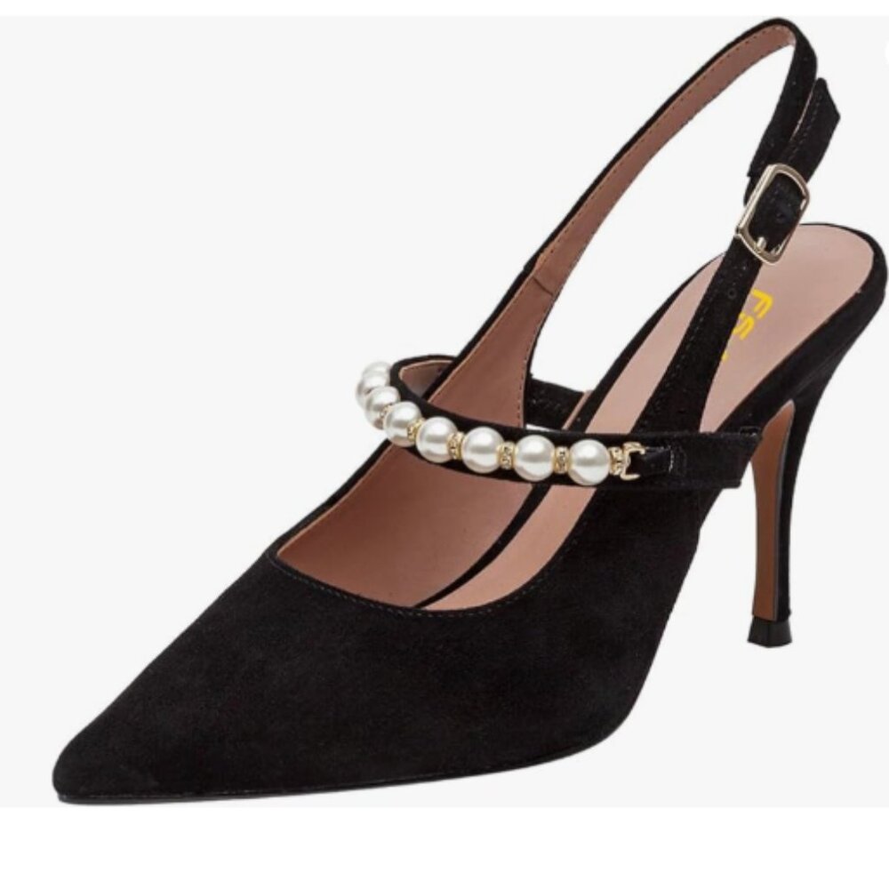 FSJ Black Slingback Stiletto Heels Sexy Pointed Closed Toe Pumps Pearl Sandals